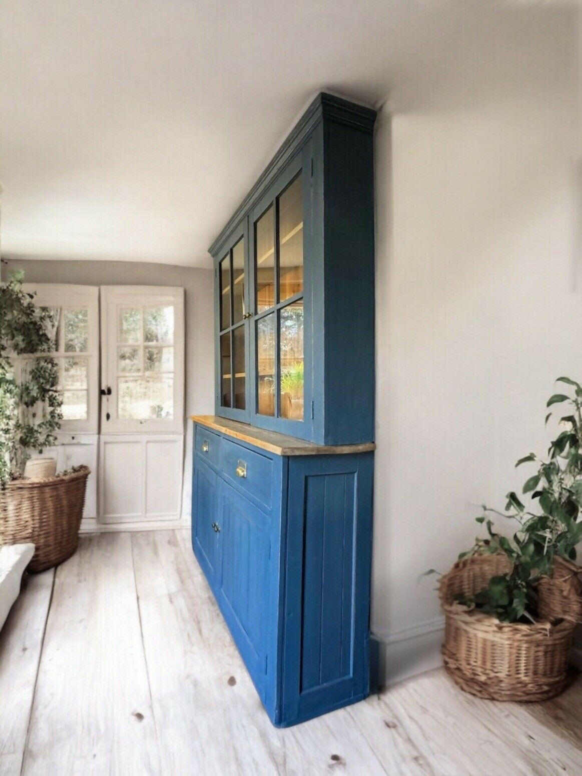 Vintage Pine Blue Painted Display China Glazed Dresser Cupboard Cabinet Bookcase