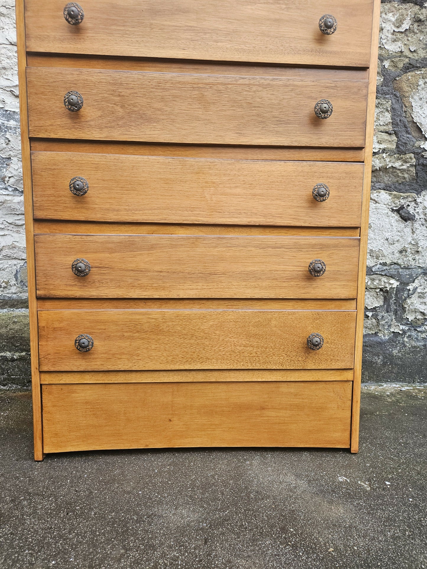 Vintage Oak Tallboy Chest of Drawers: Antique Cabinet with Detailing Five Drawer