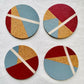 NOW SOLD Set of 4 Cork Coasters - Hand Painted Geometric/Modern Design (Blue/Crimson/White)