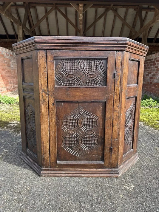 Antique Ecclesiastical Carved Oak Corner Kitchen Pantry Storage Cupboard