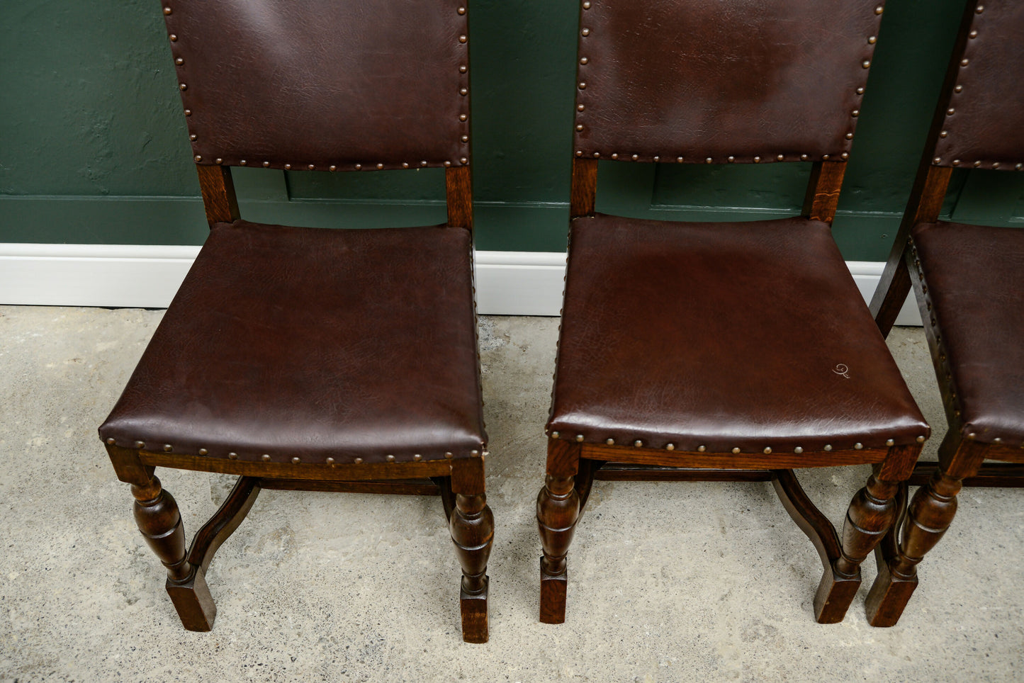 4 Oak Dining Chairs -Tudor Cromwellian Style - Burgundy Leatherette