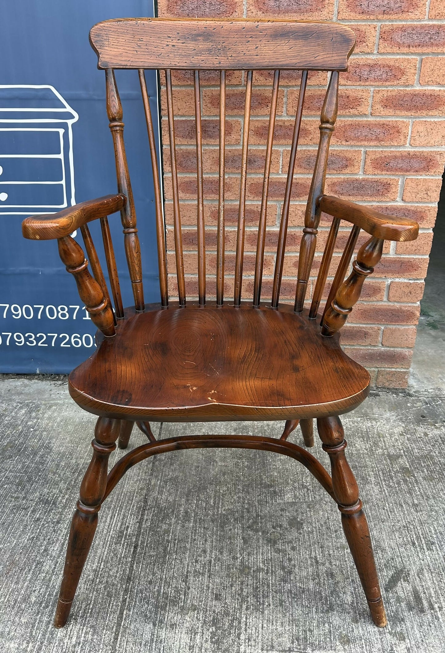 Antique Style Oak & Elm Comb Back Windsor Chair Crinoline Stretcher Armchair