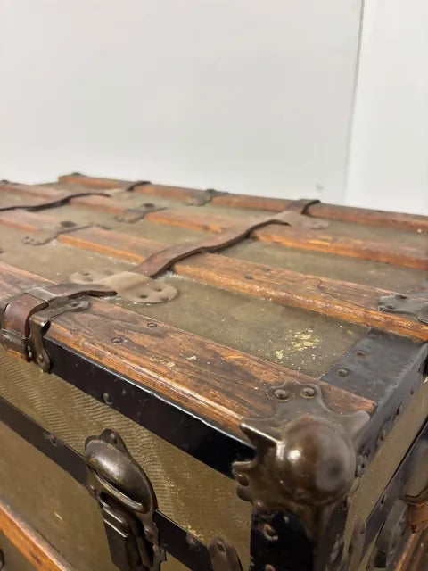 Victorian Oak Bound Travellers Trunk – Steamer Trunk with Original Travel Labels