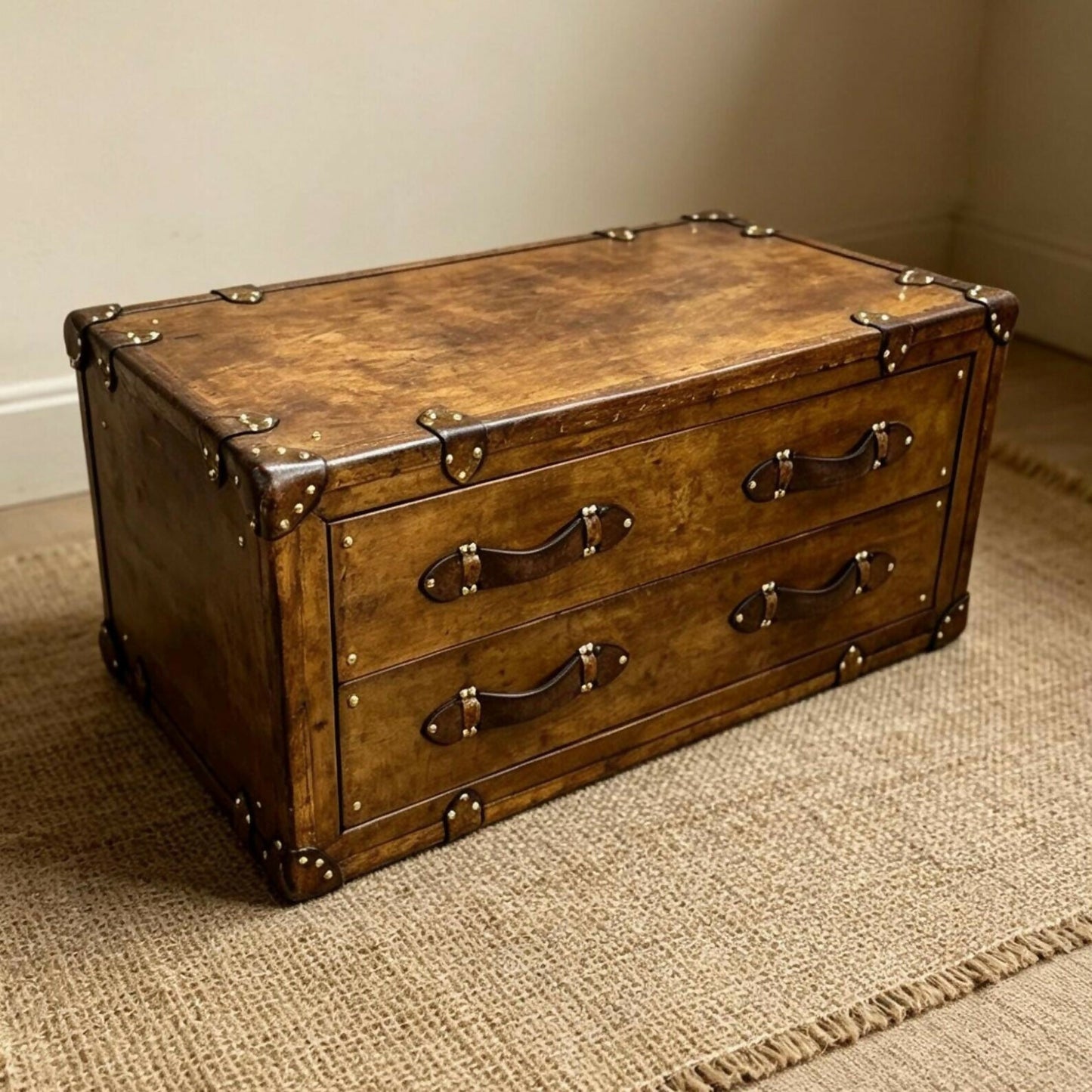 Handmade Vintage Coffee Table, Rustic Drawer Chest, Bridle Leather, English Steamer Style, Solid Hardwood