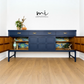 Refinished mid century Nathan sideboard drinks cabinet, navy blue with art deco chinoiserie inspired design, gold, cocktail, tv media unit