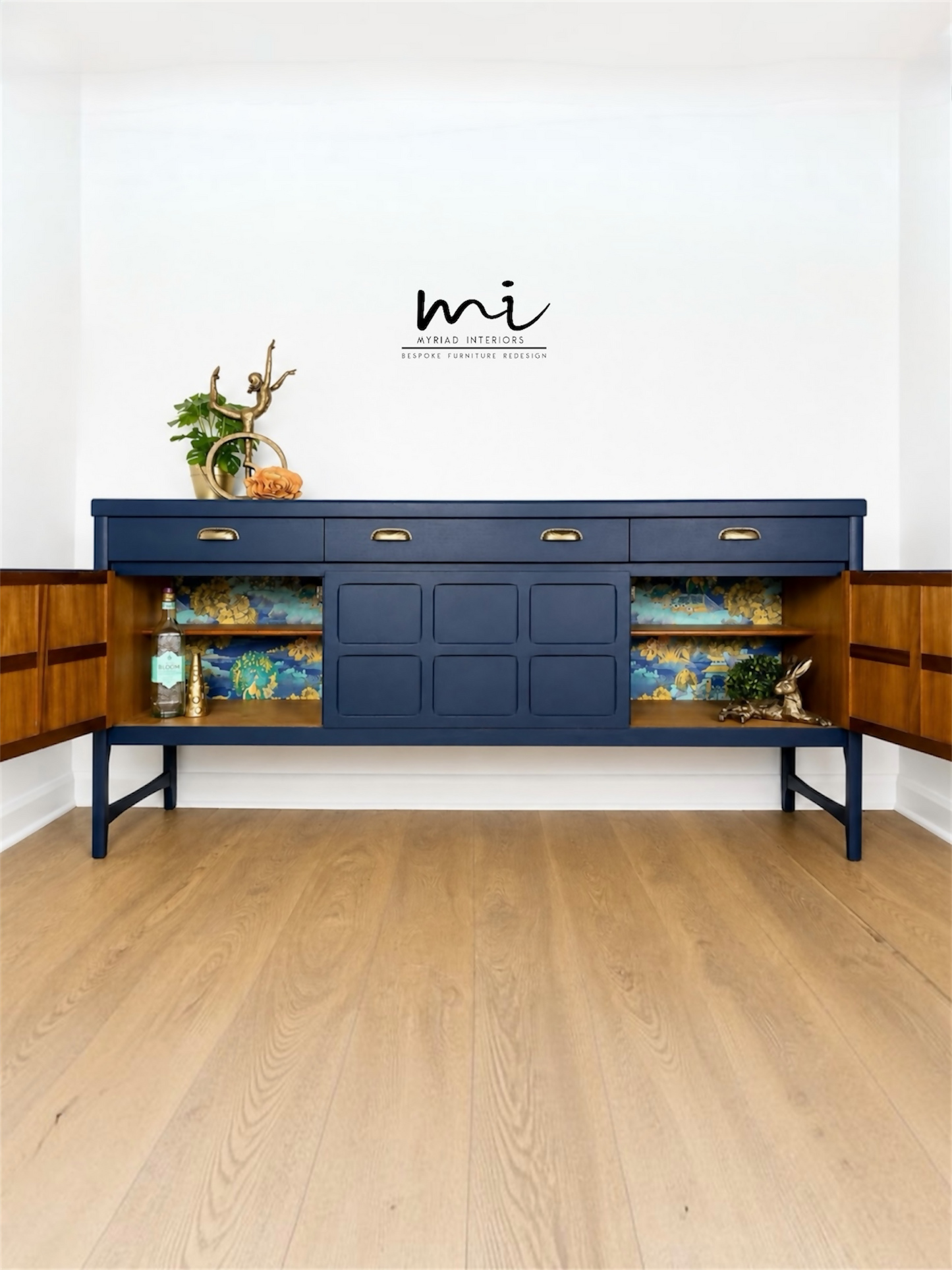 Refinished mid century Nathan sideboard drinks cabinet, navy blue with art deco chinoiserie inspired design, gold, cocktail, tv media unit