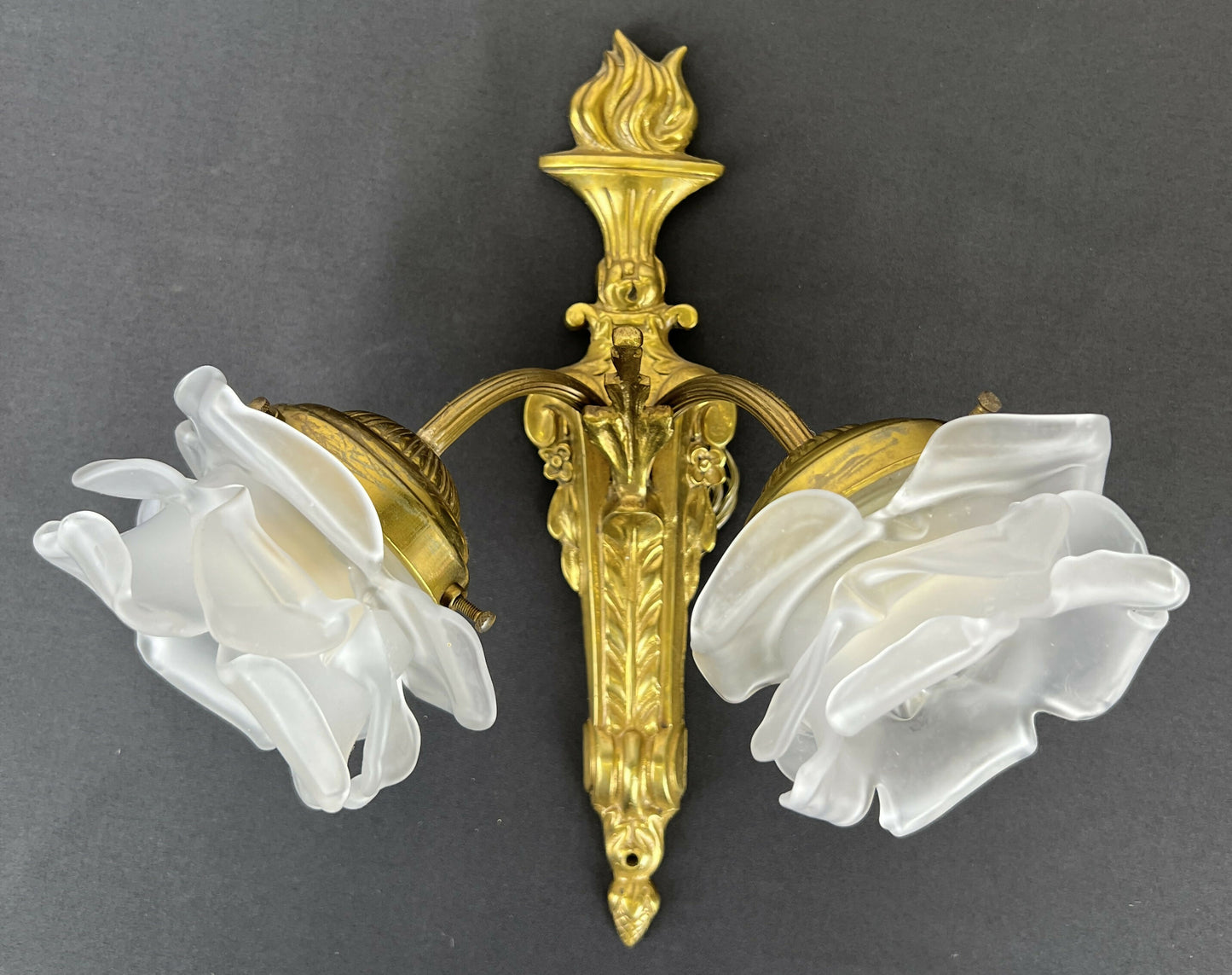 Pair of Wall Lights Vintage French Ornate Double Arm Glass Sconces LOT 6477