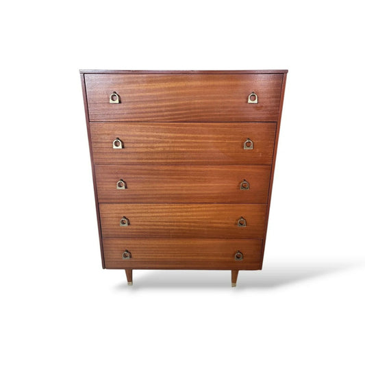 Mid-Century Chest of Drawers Tallboy with Brass Handles