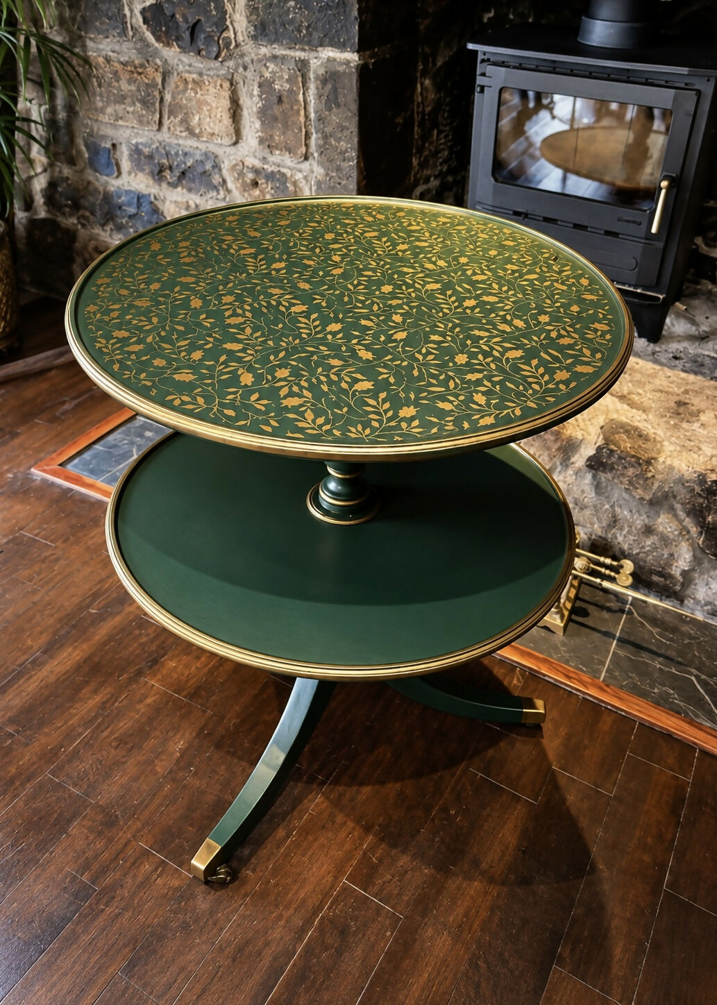Vintage Two Tier Revolving Dumb Waiter Round Side Table In Green & Gold