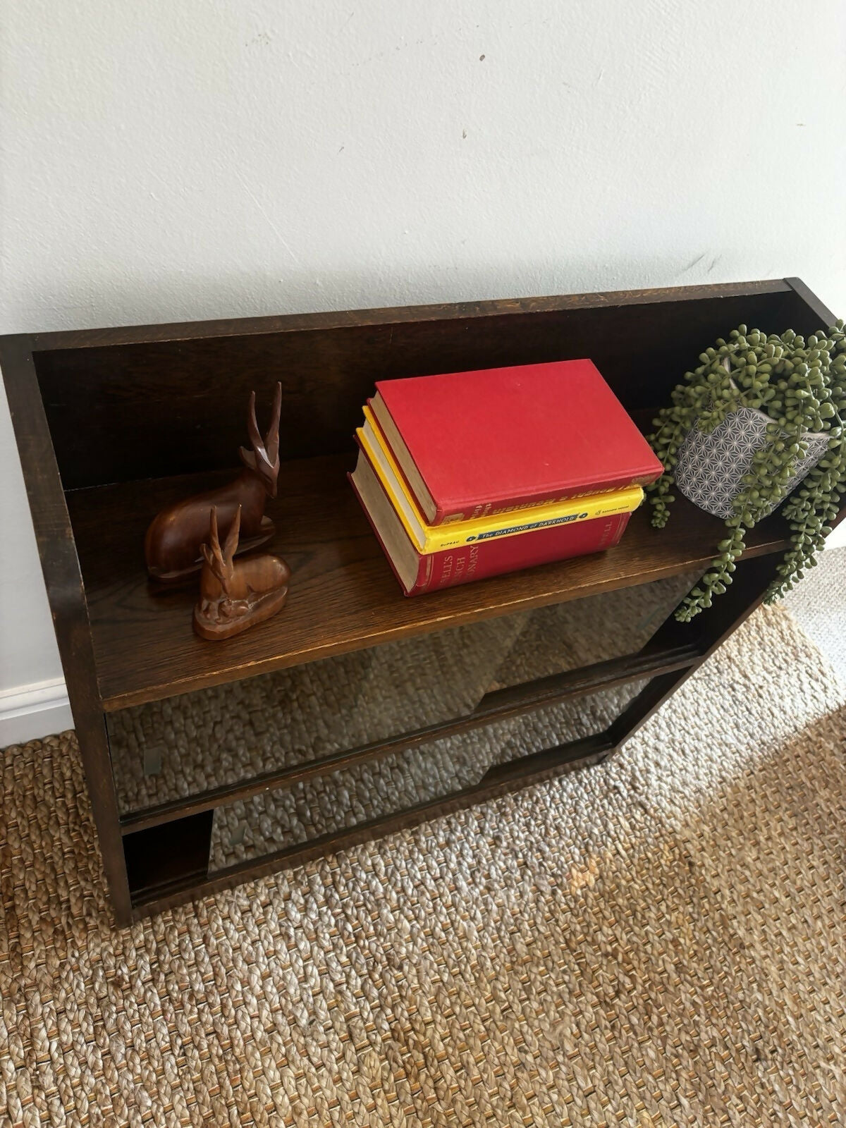 Vintage Mid Century Oak Glazed Bookcase Sliding Glass Doors Display Cabinet 60s