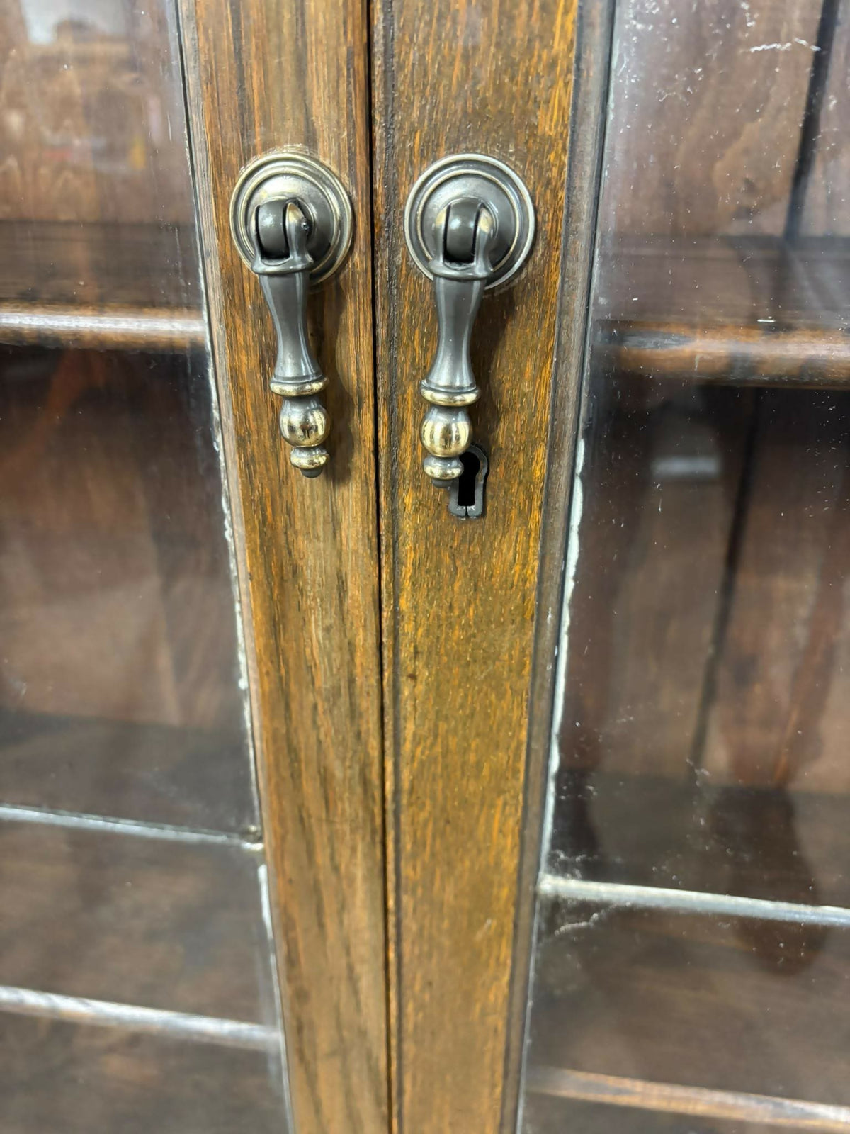 Art Deco Style Oak Leaded Glass Bookcase / Display Cabinet