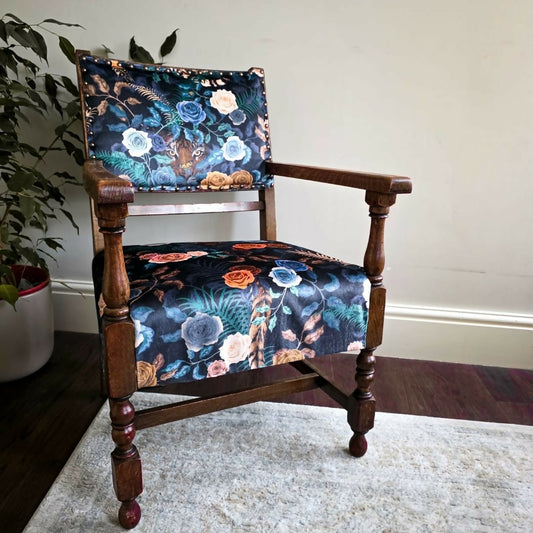 Antique Oak Framed Small Chair Child's Chair, Becca Who Velvet New Upholstery