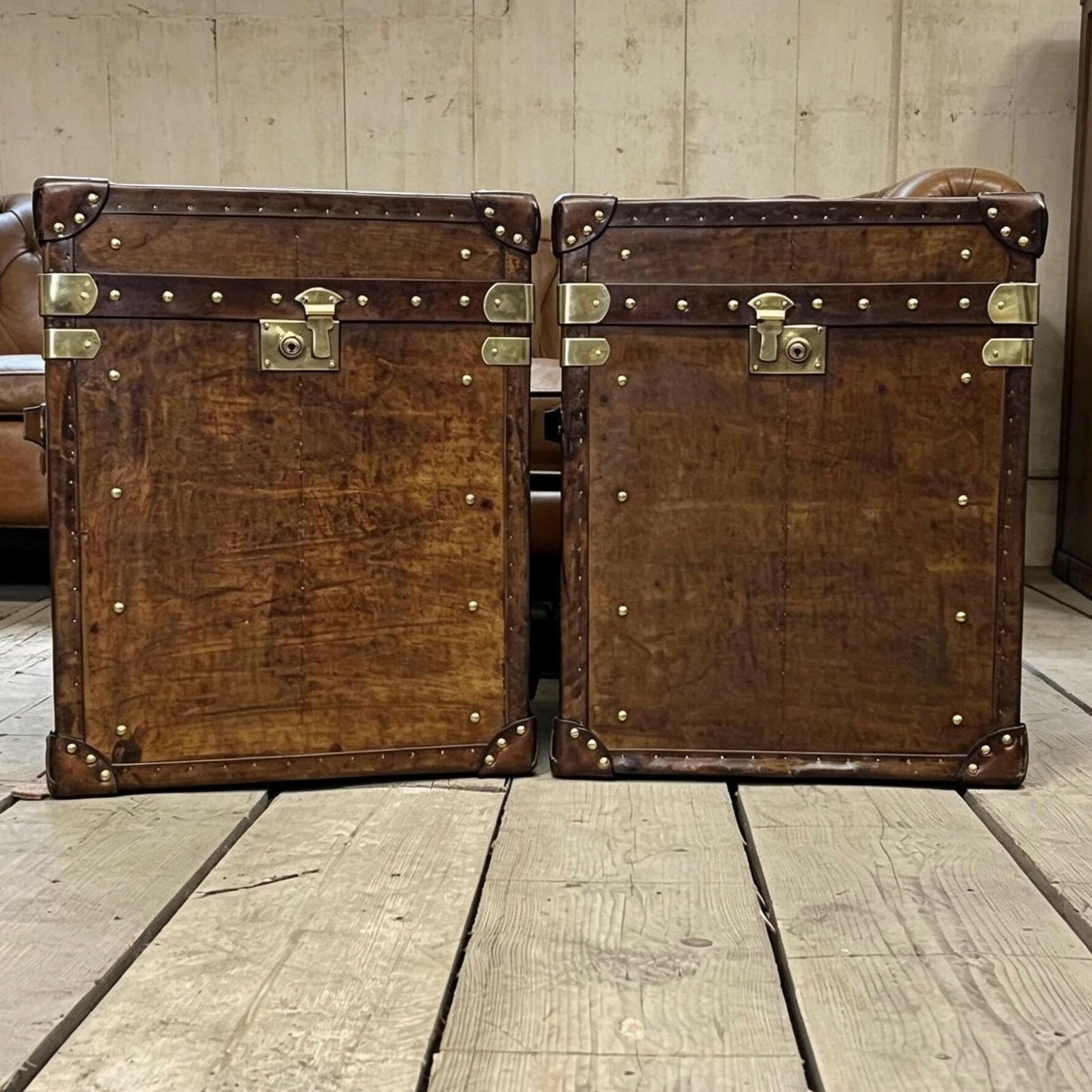 Handmade vintage storage trunks - luxury custom made - brown leather accent tables