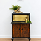 Refurbished Petit Art Deco Burl Walnut Cocktail Cabinet, black and gold drinks cabinet