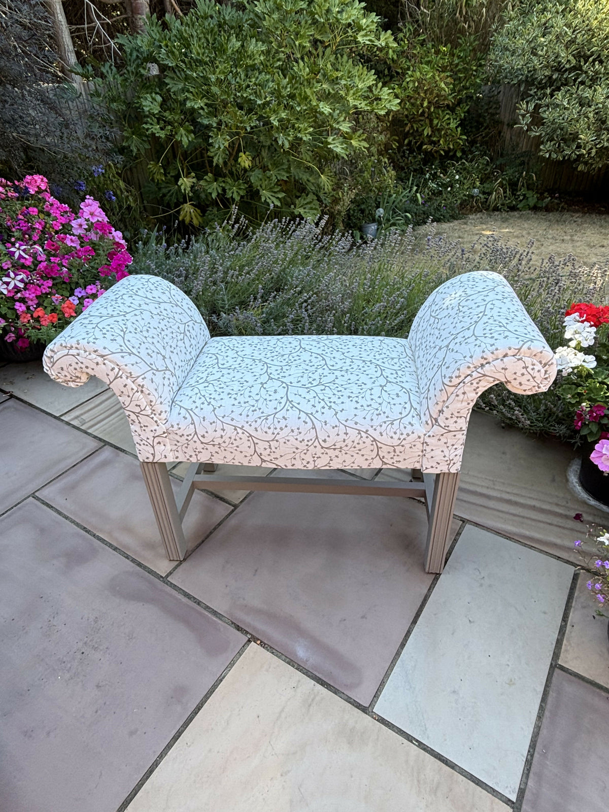 Window Seat, Scroll Armed Bench, Upholstered Cream Willow Fabric Hallway Chair