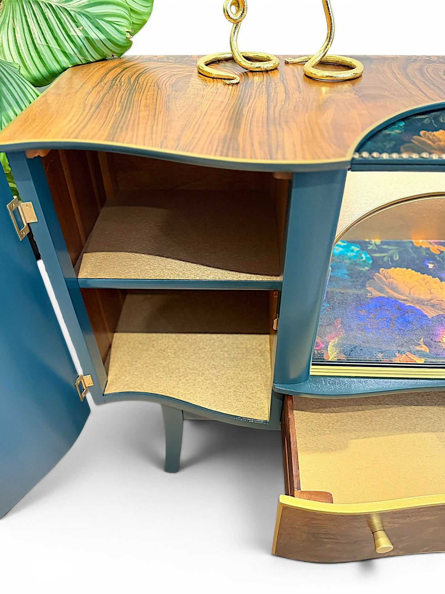 Luxury Art Deco Sideboard | Green Floral Solid Wood | Vintage Refurbished Bespoke Furniture
