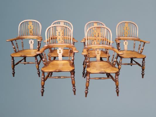 Set of Six Ash & Elm Broad Arm High Back Windsor Armchairs