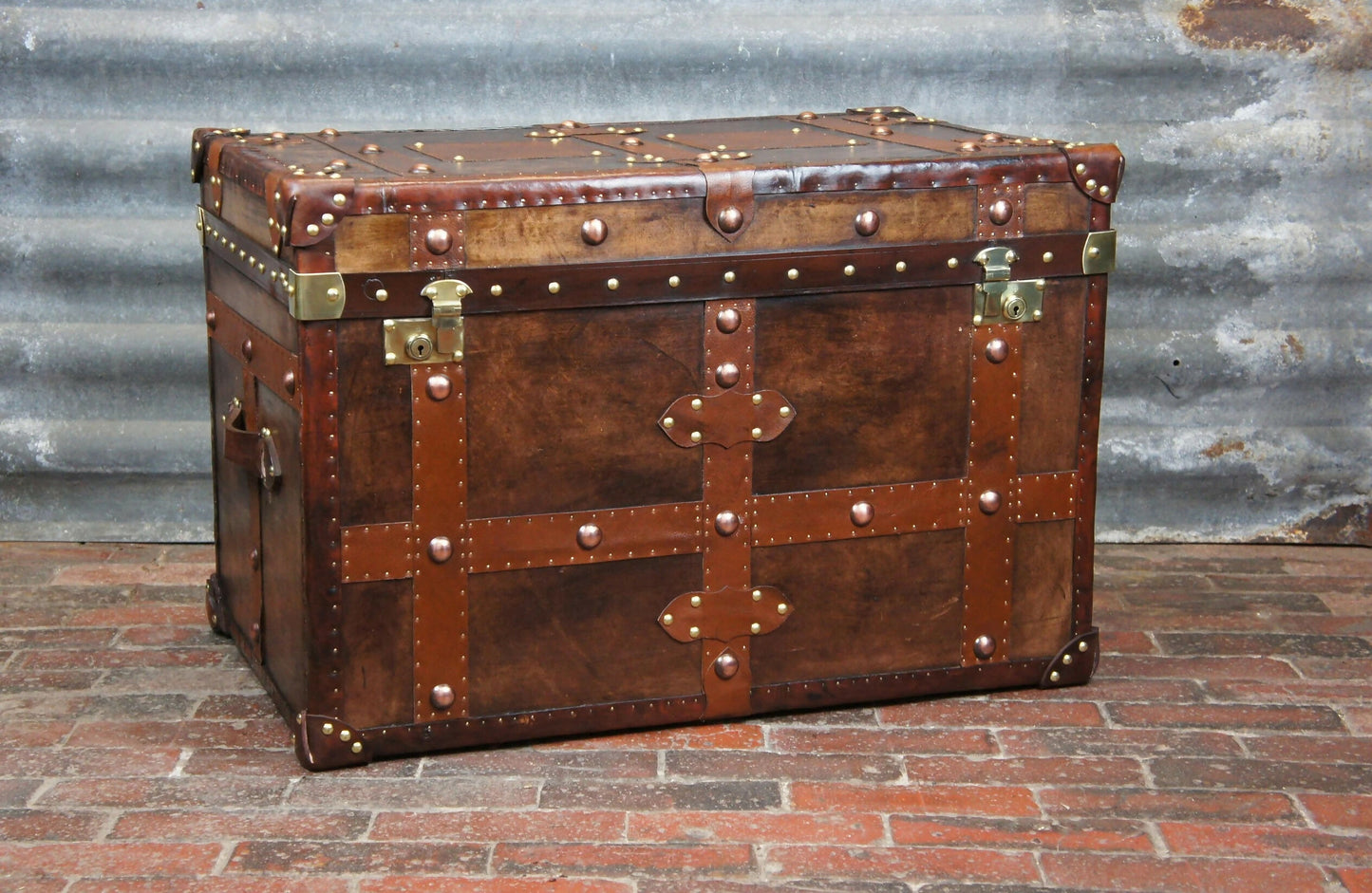 Vintage Inspired English Leather Steamer Trunk Interior Coffee Table End Table
