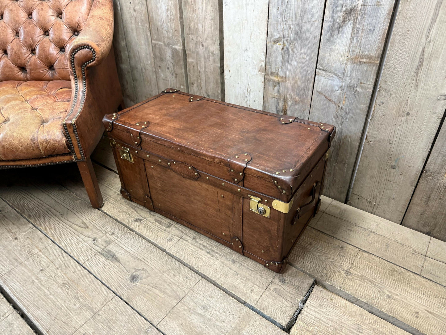 Luxury Hand dyed medium oak leather storage trunk