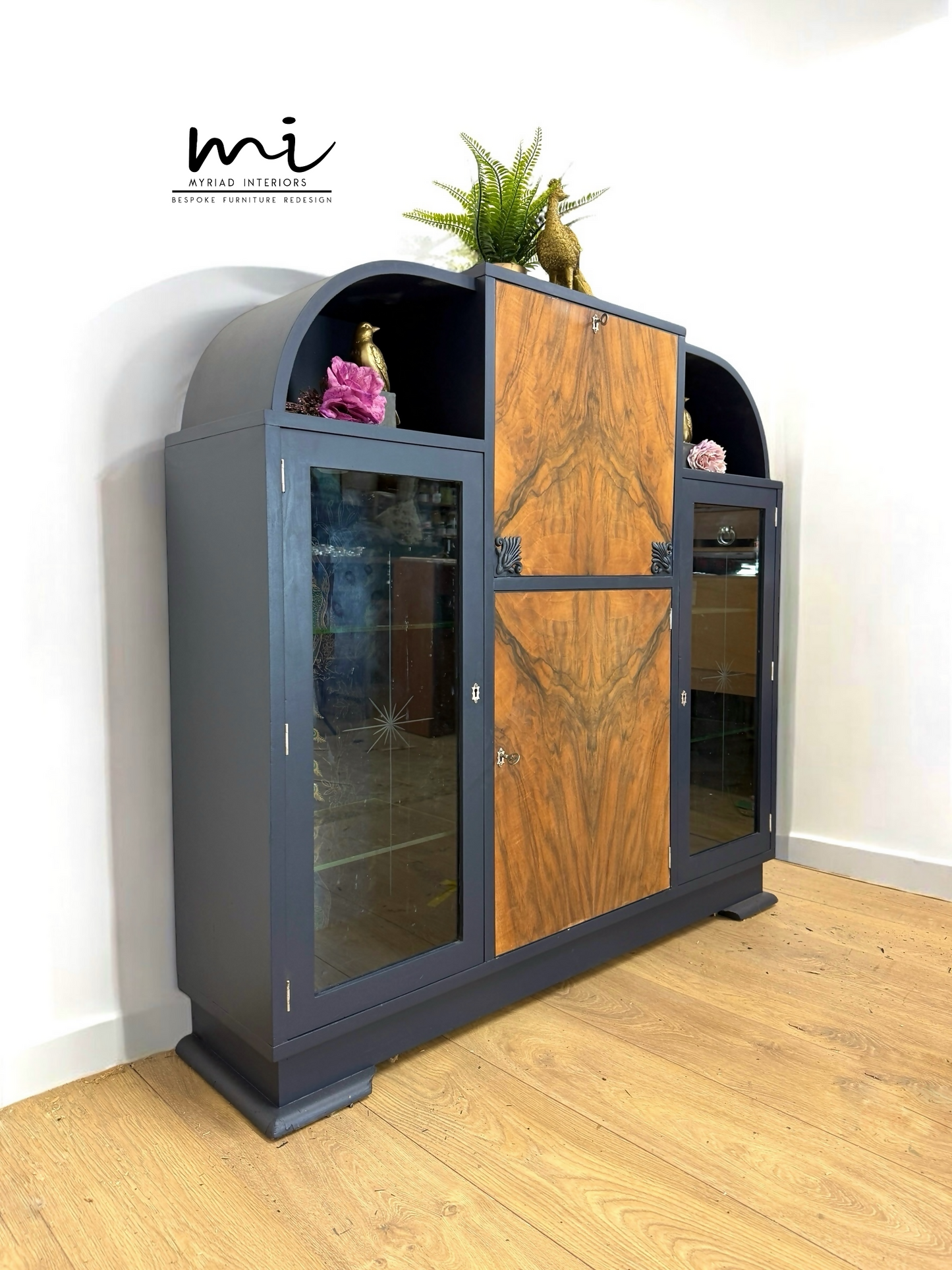 Art Deco refinished walnut cocktail cabinet, navy blue, champagne gold, vintage drinks cabinet, glass display cabinet, sideboard