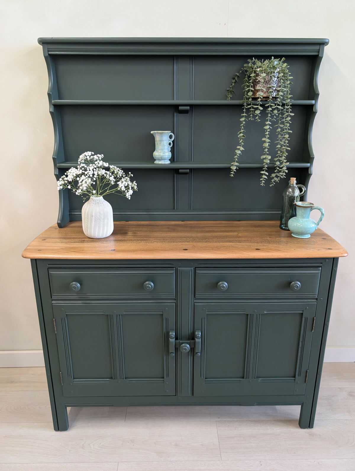 Vintage Ercol Dresser in Heritage Green with Natural Wood Top