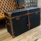 Vintage English Black Millerain Canvas & Tan Leather Coffee Table Trunk