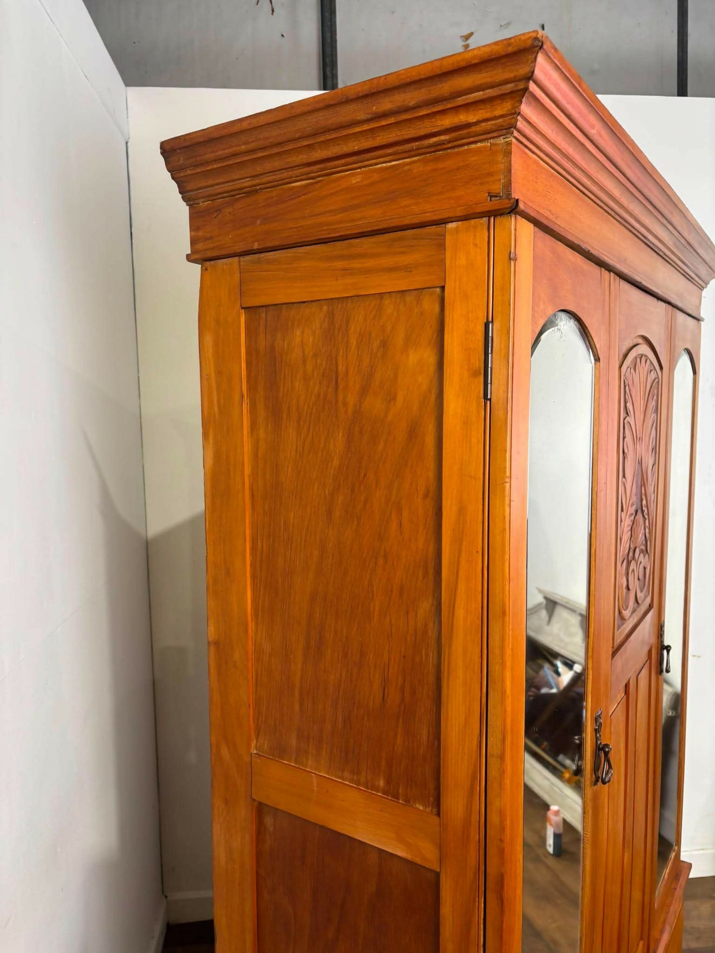 Edwardian Stripped Satinwood Double Mirror Door Wardrobe
