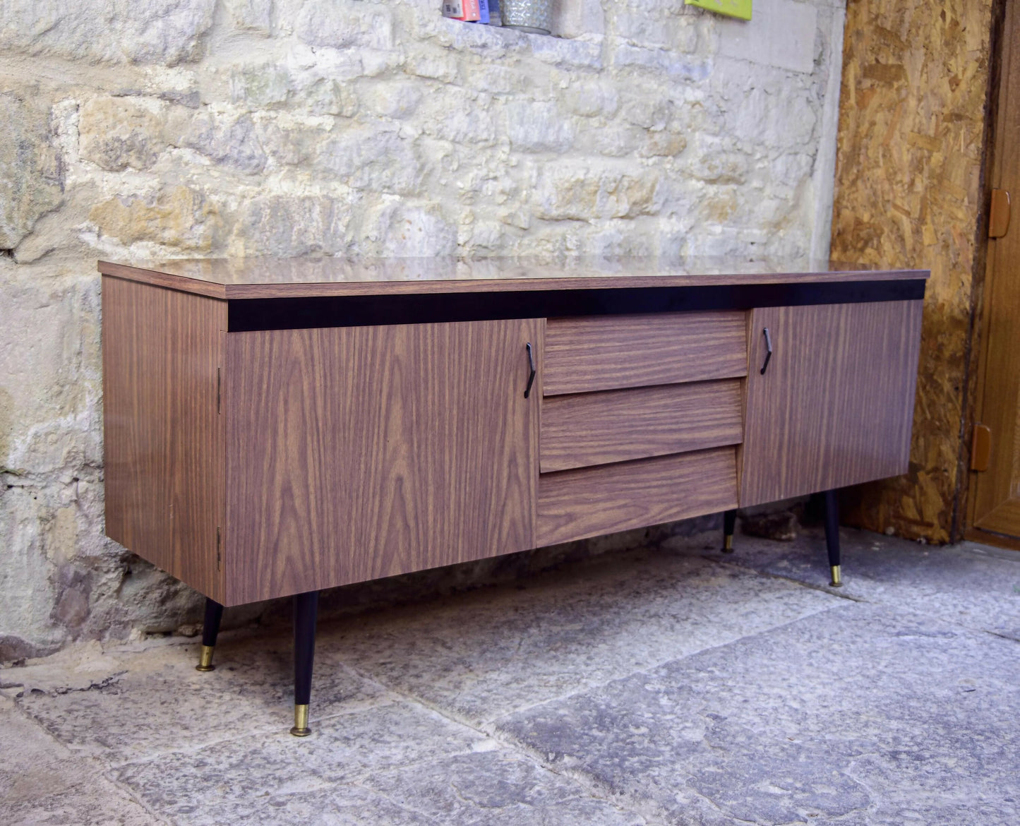 Mid Century Long Sideboard - Melamine - Tapered Legs - 1960s