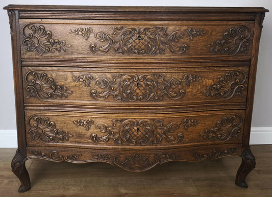Vintage Carved Chest of Drawers French Louis XVI Oak Carved 3 Drawer Cabinet LOT 6010
