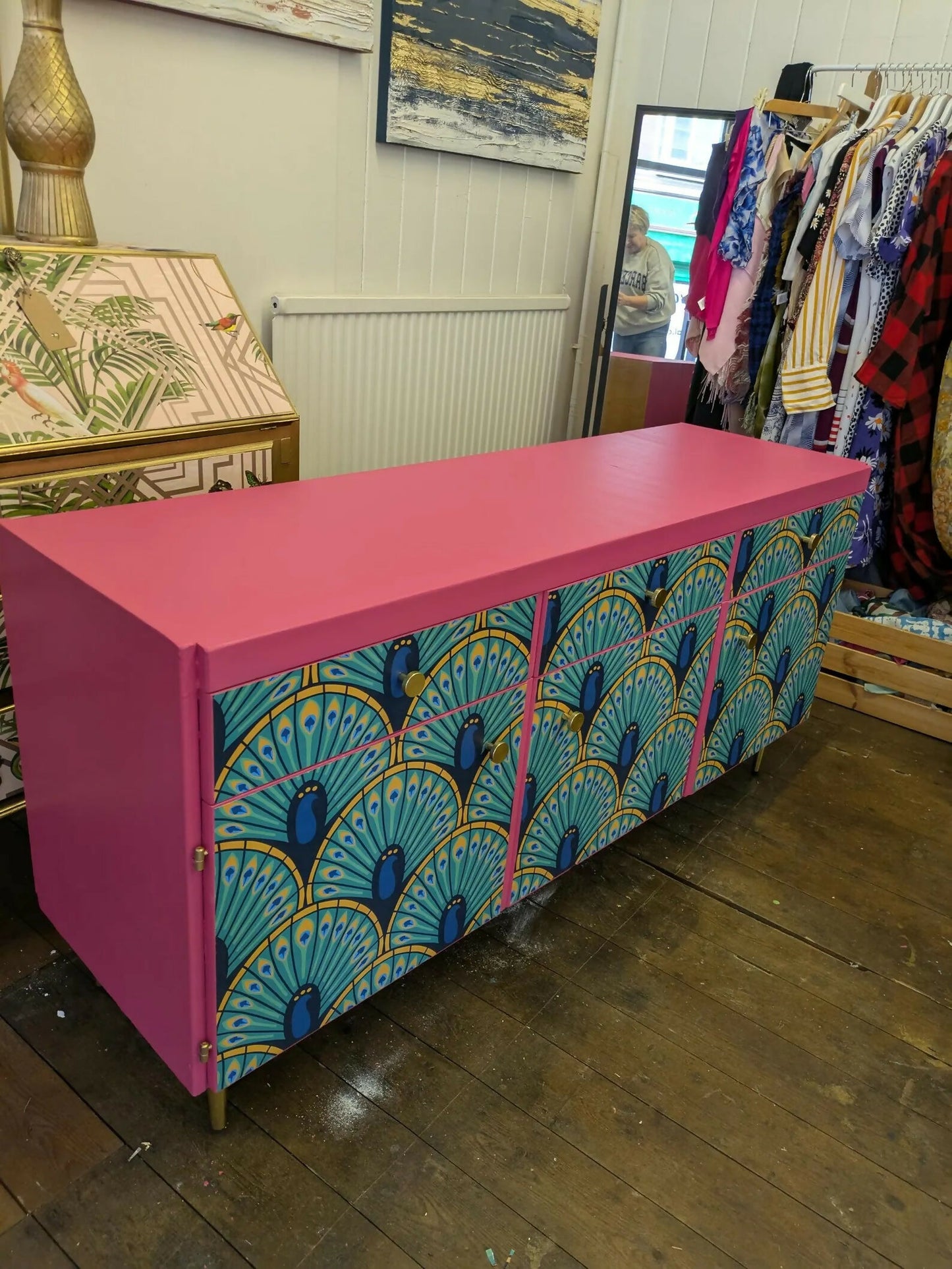 Midcentury Retro Sideboard TV Unit. Pink Teal Peacock Print Painted Upcycled Furniture