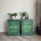 Vintage pine pair of bedside drawers, hand painted green and gold