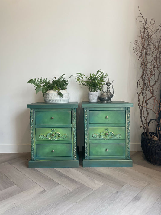 Vintage pine pair of bedside drawers, hand painted green and gold