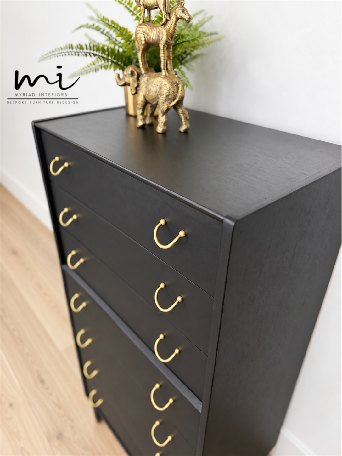 Refurbished Matte Black G Plan E Gomme tallboy chest of drawers, dresser, bedroom furniture, sideboard, brass, mid century modern, Vintage