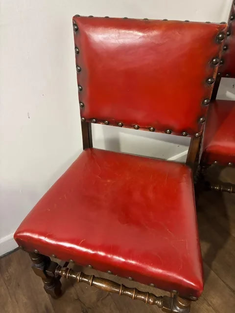 Vintage Set of Six Oak Framed Red Leather Dining Chairs