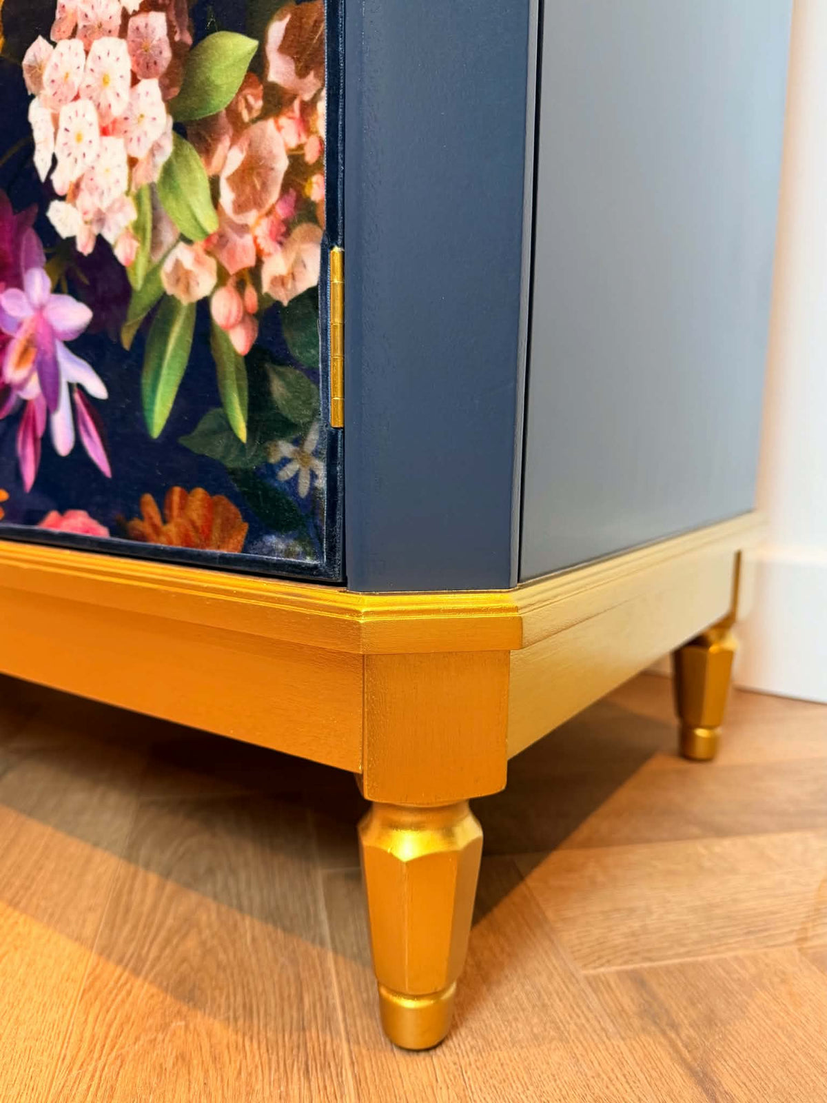 Luxury Glass Display Dresser Drinks Cabinet | Hand Painted Vintage Refurbished Bespoke | Velvet Decoupage Blue Gold Botanical Maximalist