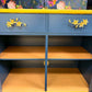 Luxury Glass Display Dresser Drinks Cabinet | Hand Painted Vintage Refurbished Bespoke | Velvet Decoupage Blue Gold Botanical Maximalist