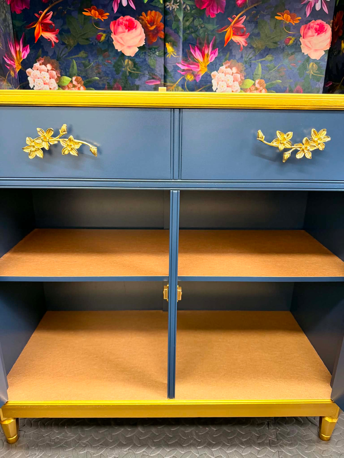 Luxury Glass Display Dresser Drinks Cabinet | Hand Painted Vintage Refurbished Bespoke | Velvet Decoupage Blue Gold Botanical Maximalist