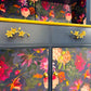 Luxury Glass Display Dresser Drinks Cabinet | Hand Painted Vintage Refurbished Bespoke | Velvet Decoupage Blue Gold Botanical Maximalist