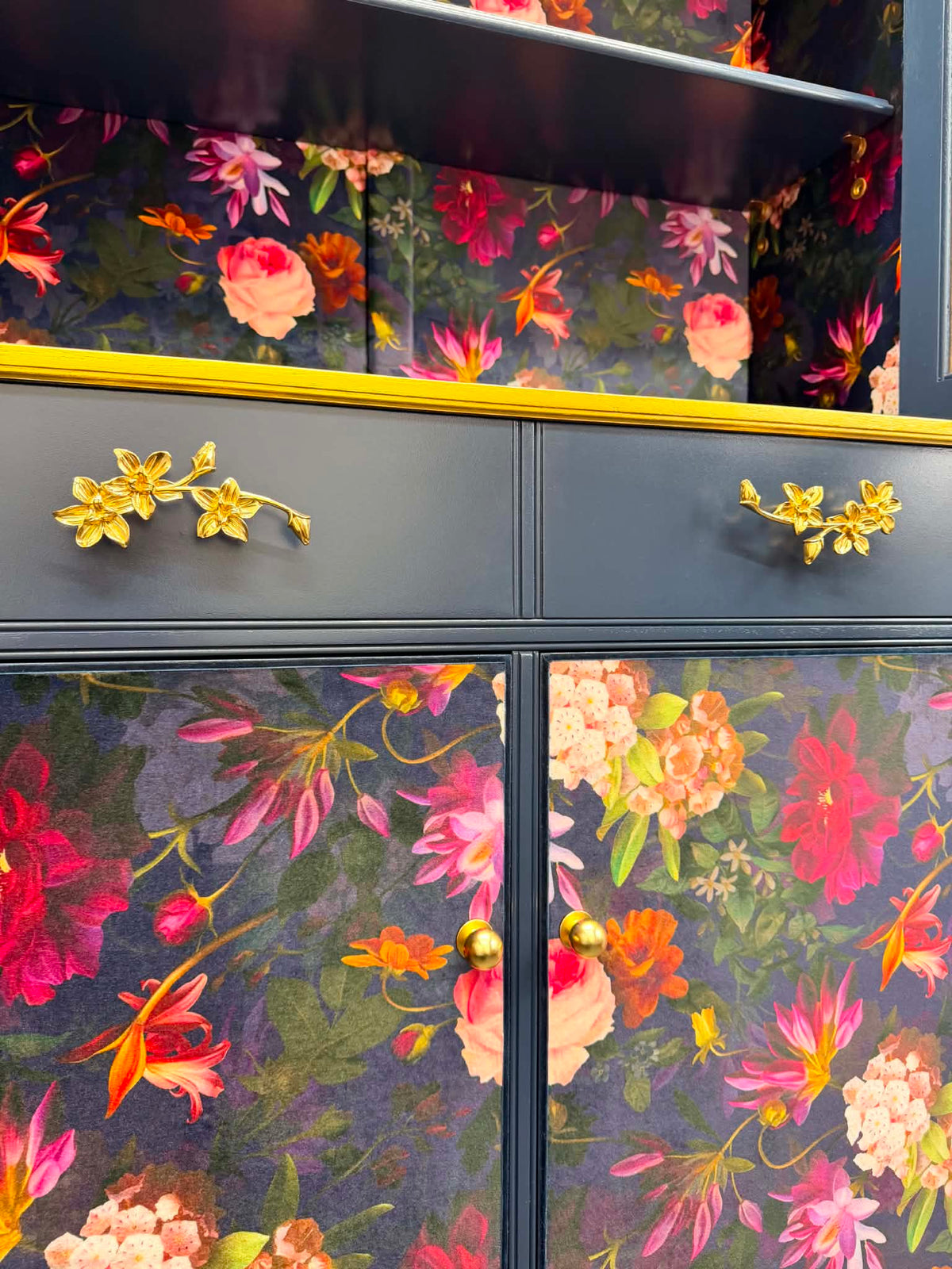 Luxury Glass Display Dresser Drinks Cabinet | Hand Painted Vintage Refurbished Bespoke | Velvet Decoupage Blue Gold Botanical Maximalist