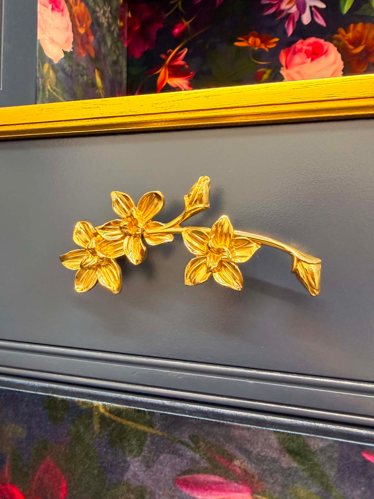 Luxury Glass Display Dresser Drinks Cabinet | Hand Painted Vintage Refurbished Bespoke | Velvet Decoupage Blue Gold Botanical Maximalist