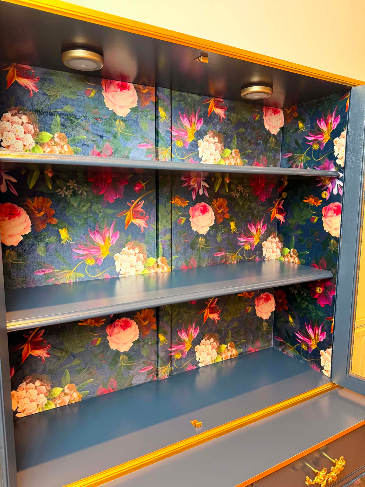 Luxury Glass Display Dresser Drinks Cabinet | Hand Painted Vintage Refurbished Bespoke | Velvet Decoupage Blue Gold Botanical Maximalist