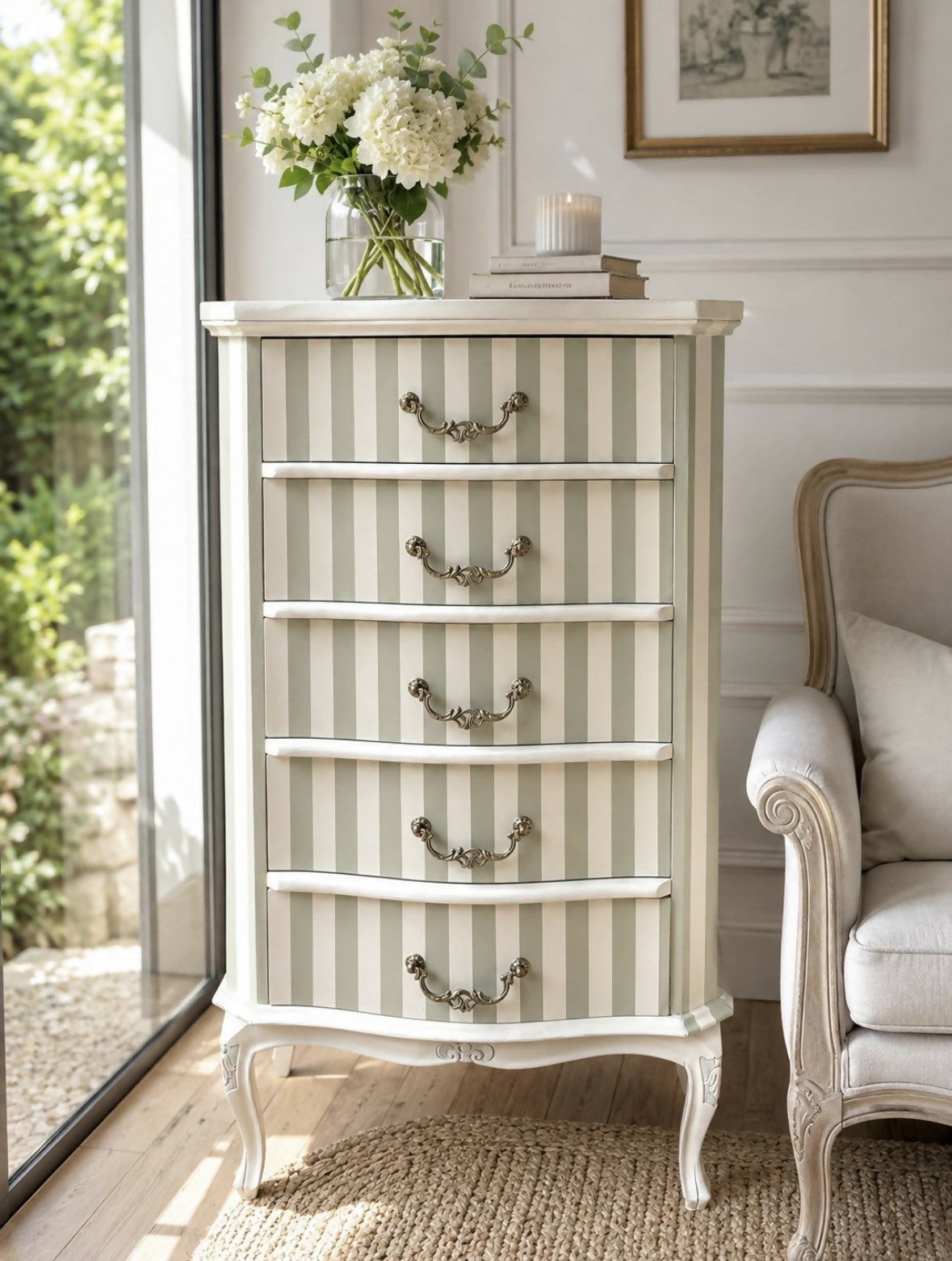 Elegant Hand-Painted French Tallboy Chest of Drawers | Sage Green & Ivory Stripe | Vintage Style