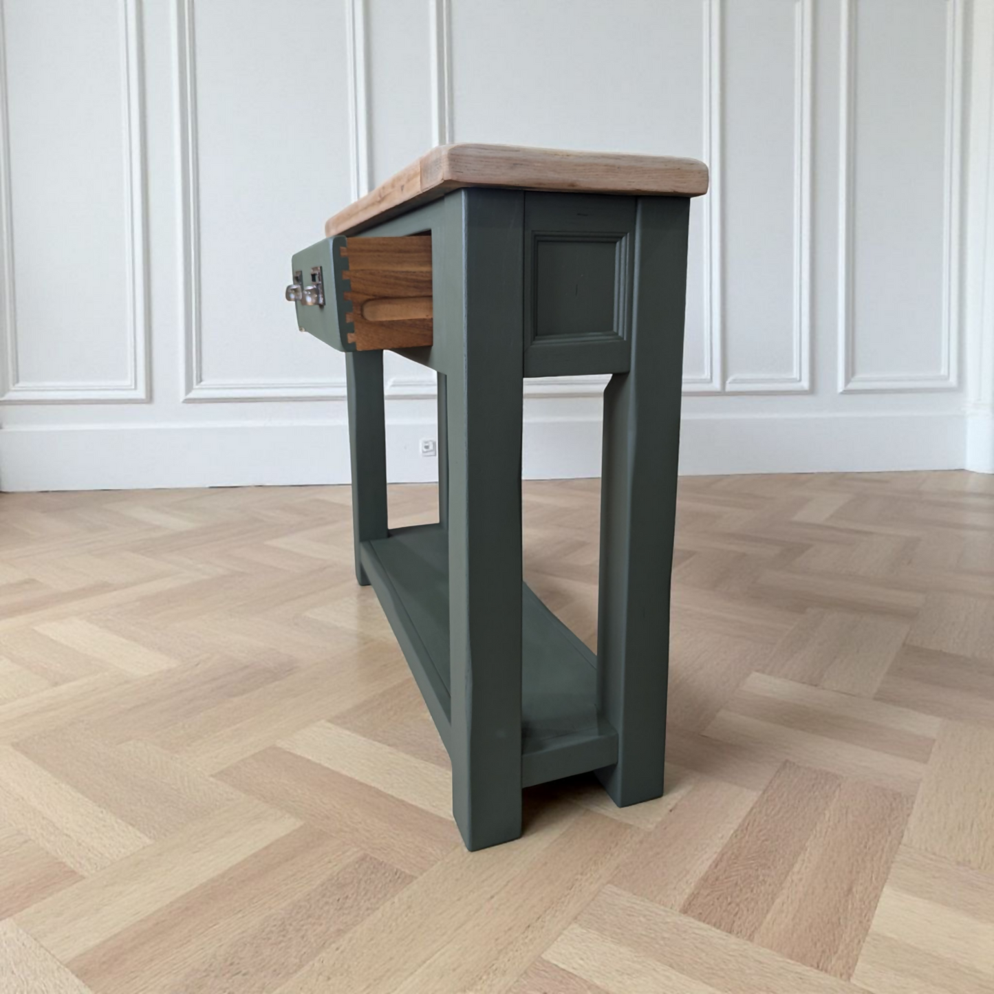 Solid oak green console table rustic hallway table with drawers and shelf