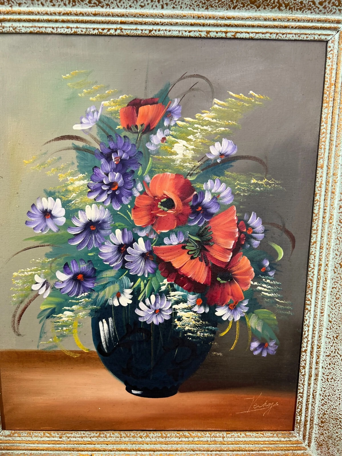 Painting Vintage French Floral Vase Red Purple Flower Signed Framed LOT 3878