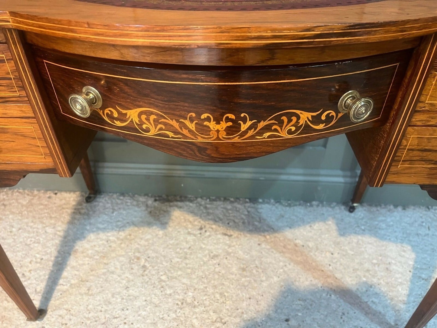 Vintage Desk /Writing Desk Red Leather Top Inlaid Rosewood Mid 1800’s