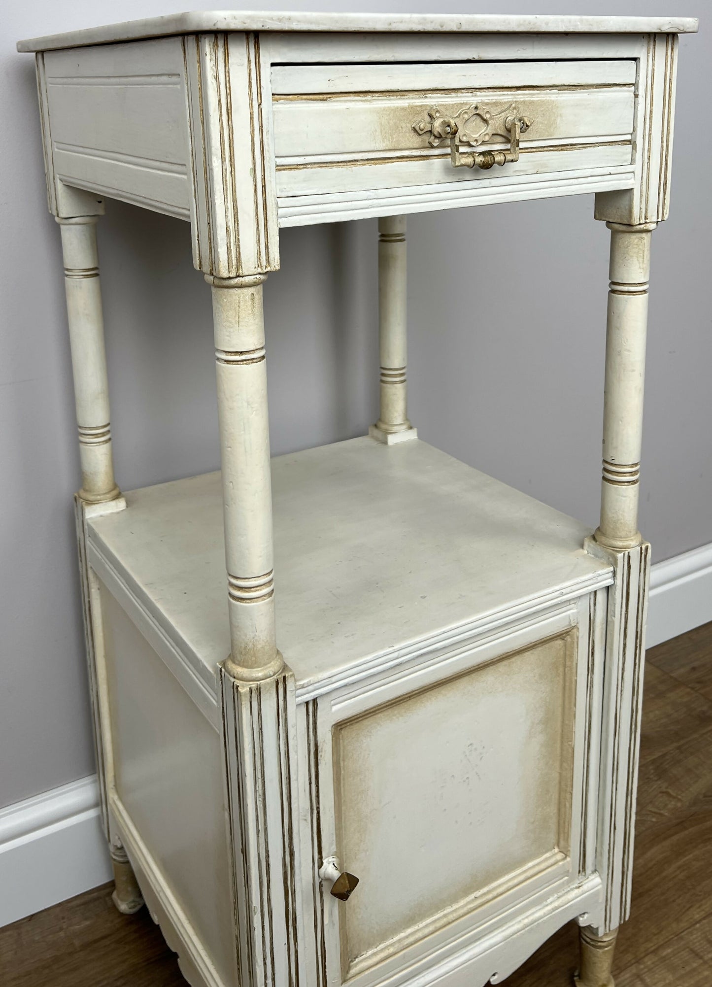 Bedside Table Antique French Style Marble Top Oak Cabinet Nightstand LOT 6224