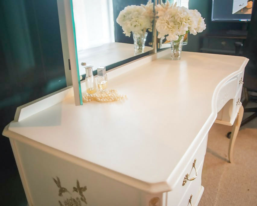 Upcycled French style vintage Cream Dressing Table, vanity with large triple mirror and gold details,