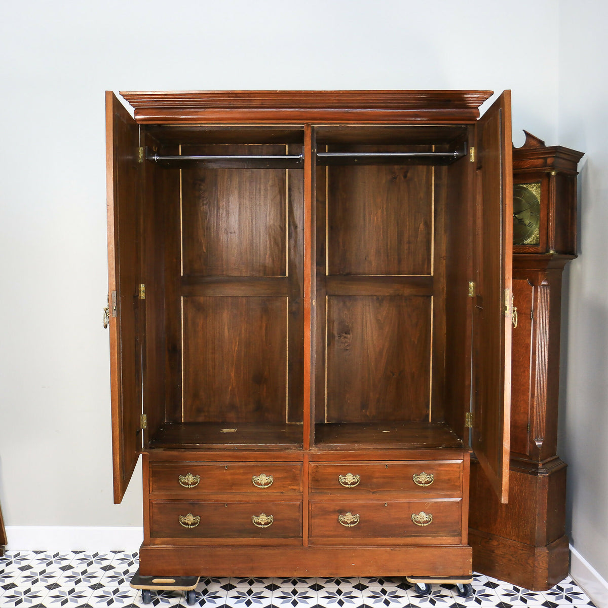 Antique Double Wardrobe Mirrored Doors and Graduated Drawers Late Victorian