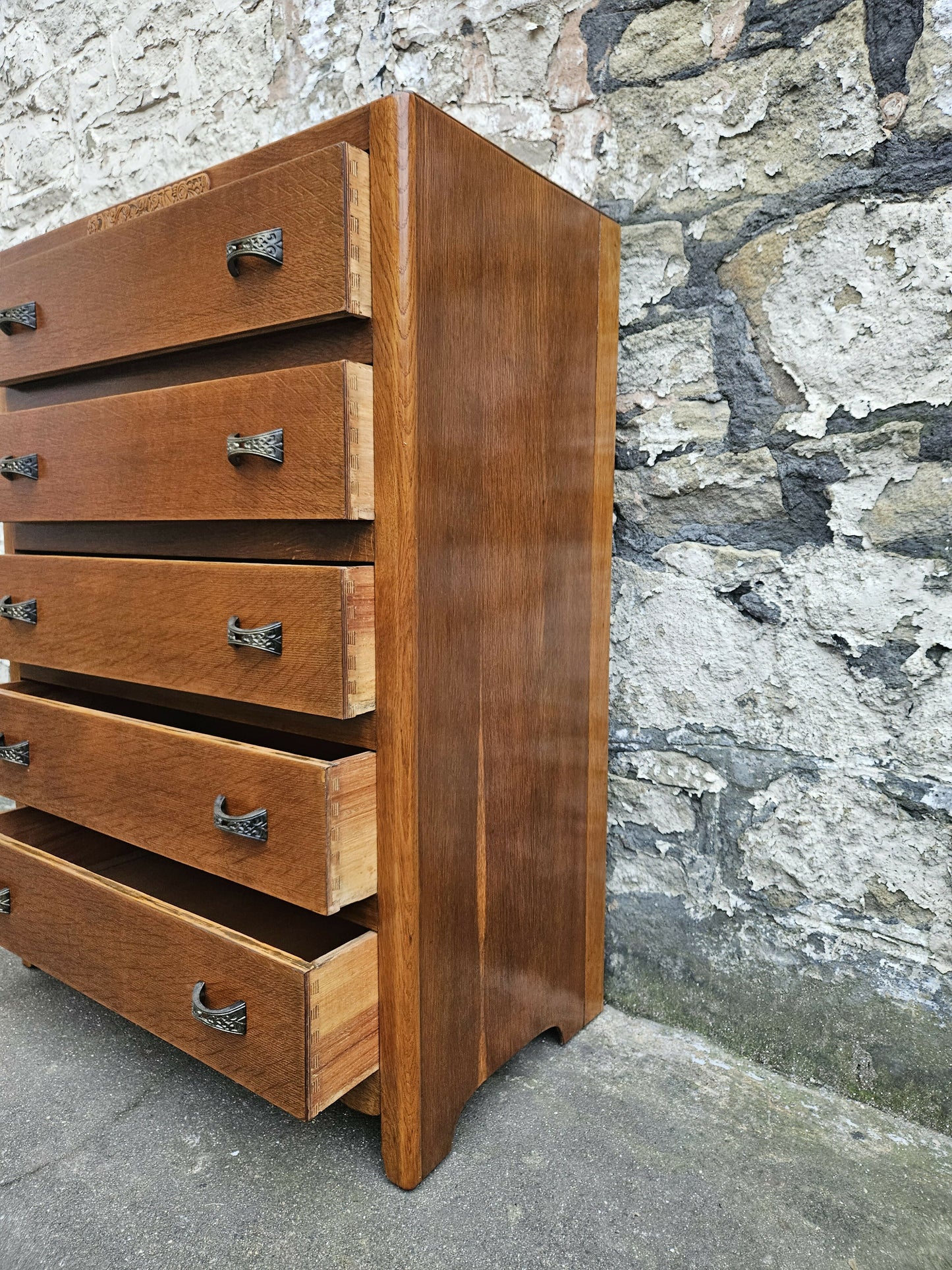 Vintage Oak Tallboy Chest of Drawers: Antique Cabinet with Detailing Five Drawer