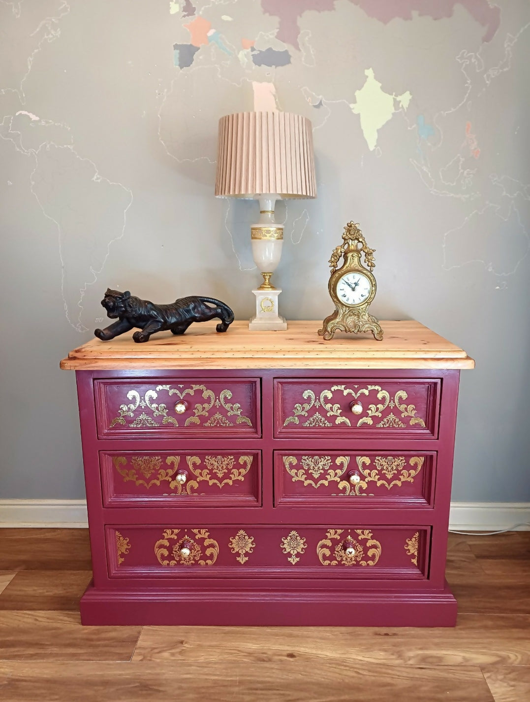 Upcycled Burgandy and Gold Chest of Drawers with Damask Design